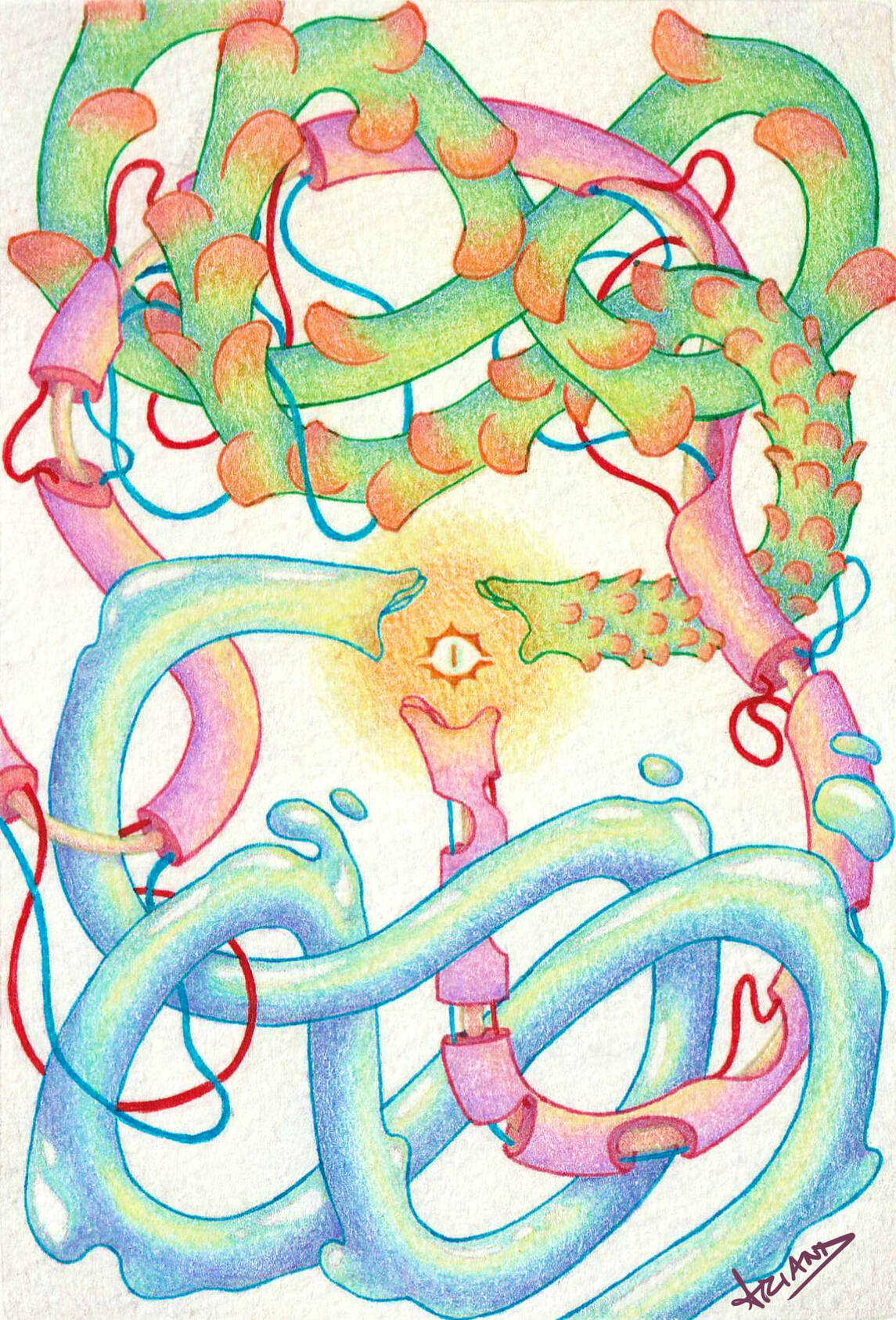 Homunculus, 2025, mixed media (colored pencil and fine tip marker ink) on 140lb watercolor paper, 4.5x6.5 in (11.5x16.5 cm)